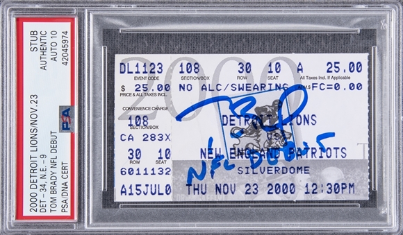 Tom Brady Signed & Inscribed New England Patriots vs Detroit Lions Ticket Stub From Brady NFL Debut On 11/23/2000 (PSA/DNA Auto 10)